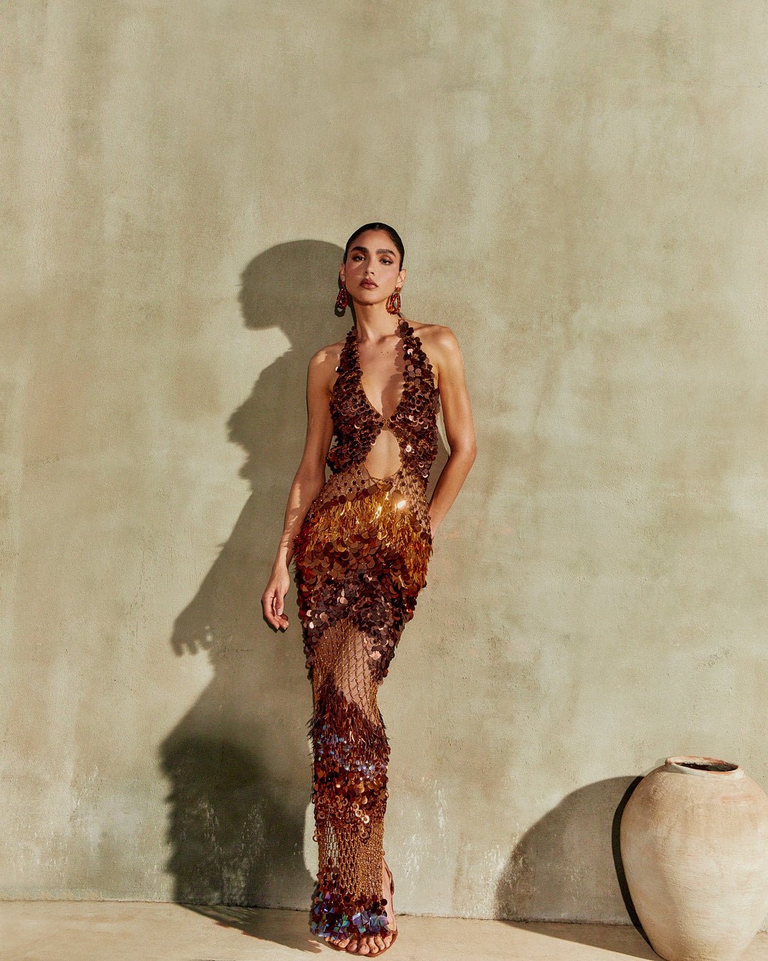 Vestido longo Kalahari - Tons de dourado e bronze